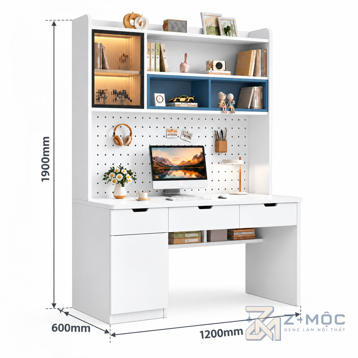Kích thước chi tiết Bàn Học Liền Kệ Có Bảng Pegboard Trắng Xanh ZM-70067