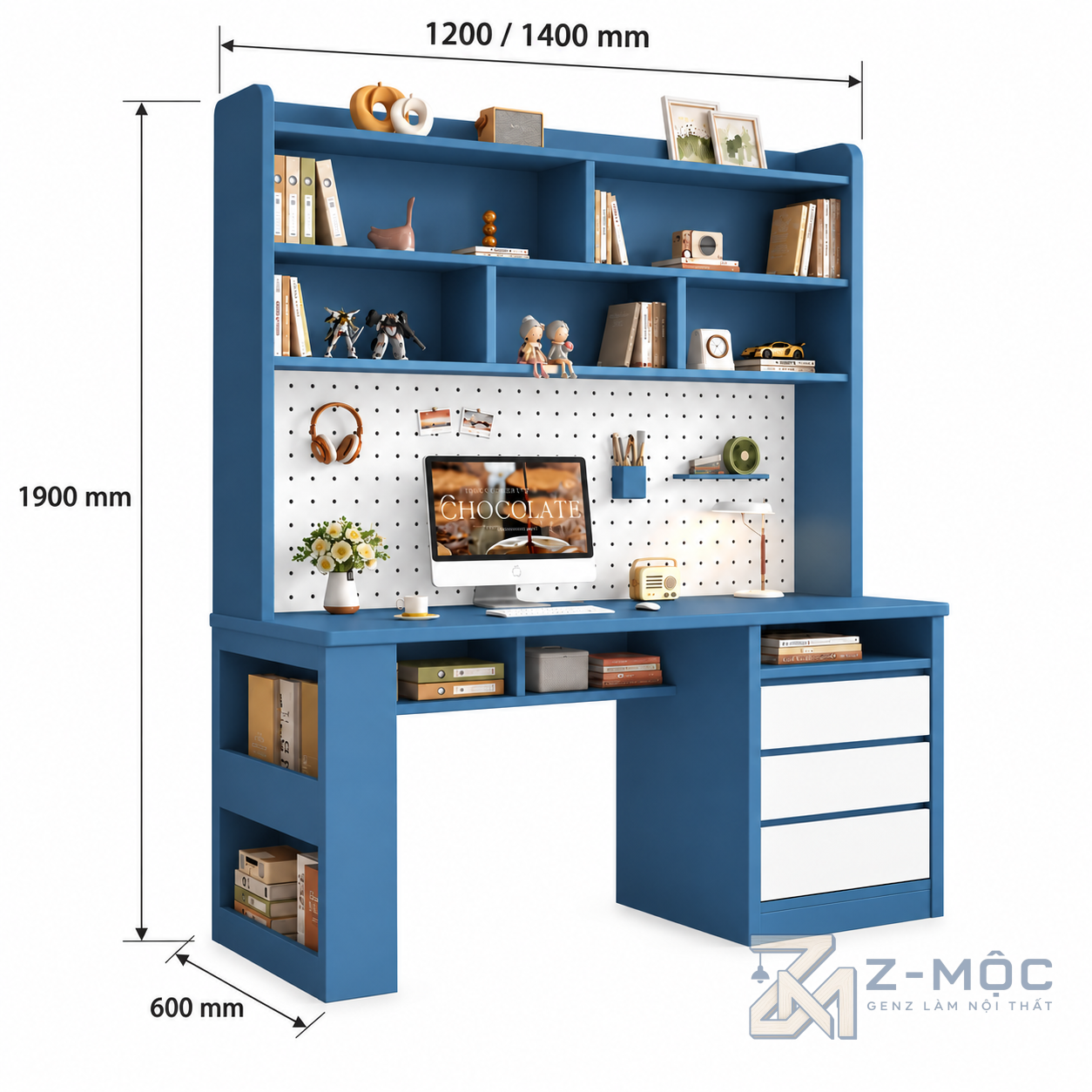 Kích thước chi tiết Bàn Học Liền Kệ Màu Xanh Nhiều Ngăn Đa Năng ZM-70070