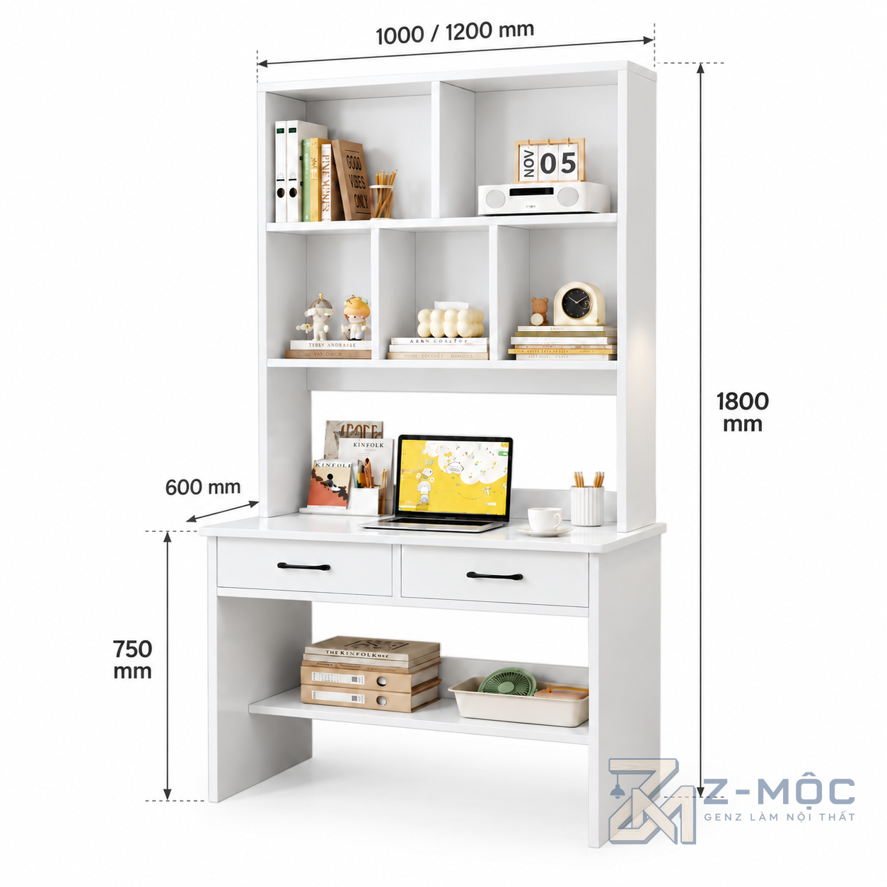 Kích thước chi tiết Bàn Học Liền Kệ Sách 2 Ngăn Kéo Màu Trắng ZM-70059