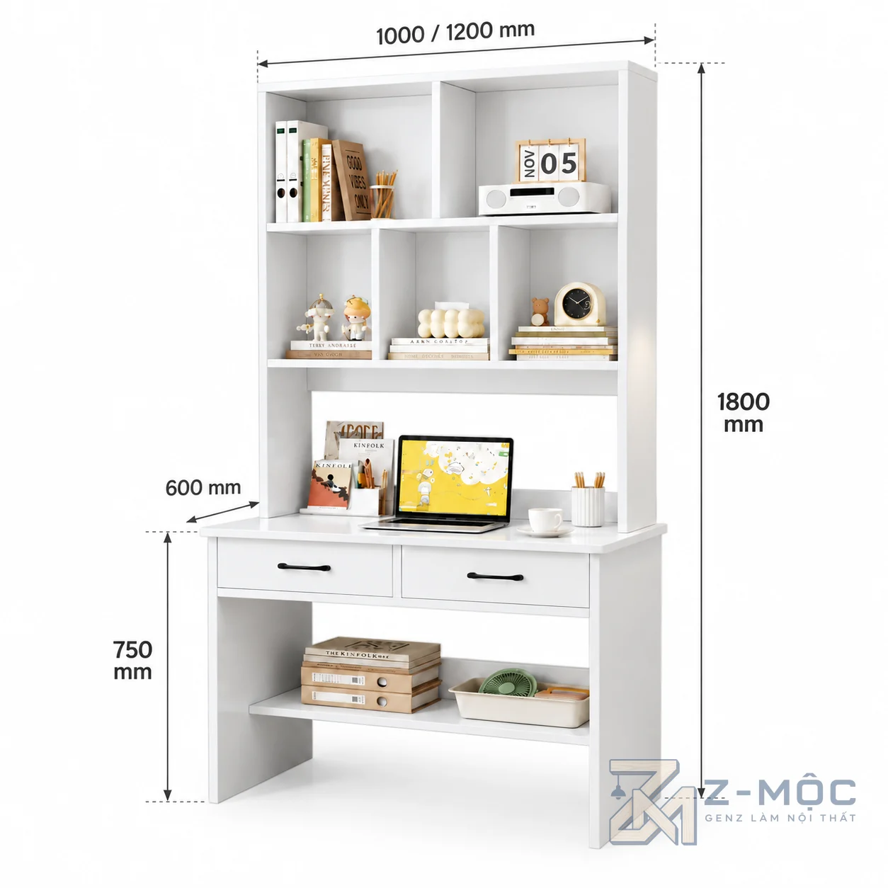 Kích thước chi tiết Bàn Học Liền Kệ Sách 2 Ngăn Kéo Màu Trắng ZM-70059
