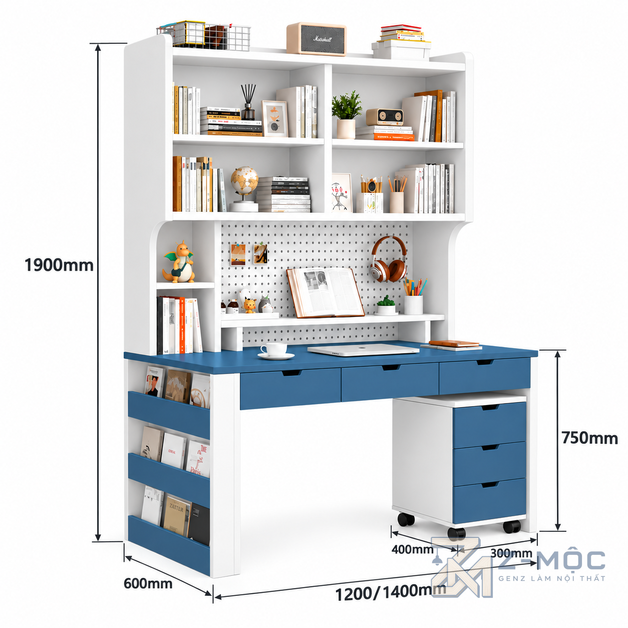 Kích thước chi tiết Bàn Học Liền Kệ Sách Kèm Kệ Di Động Màu Xanh Trắng ZM-70073