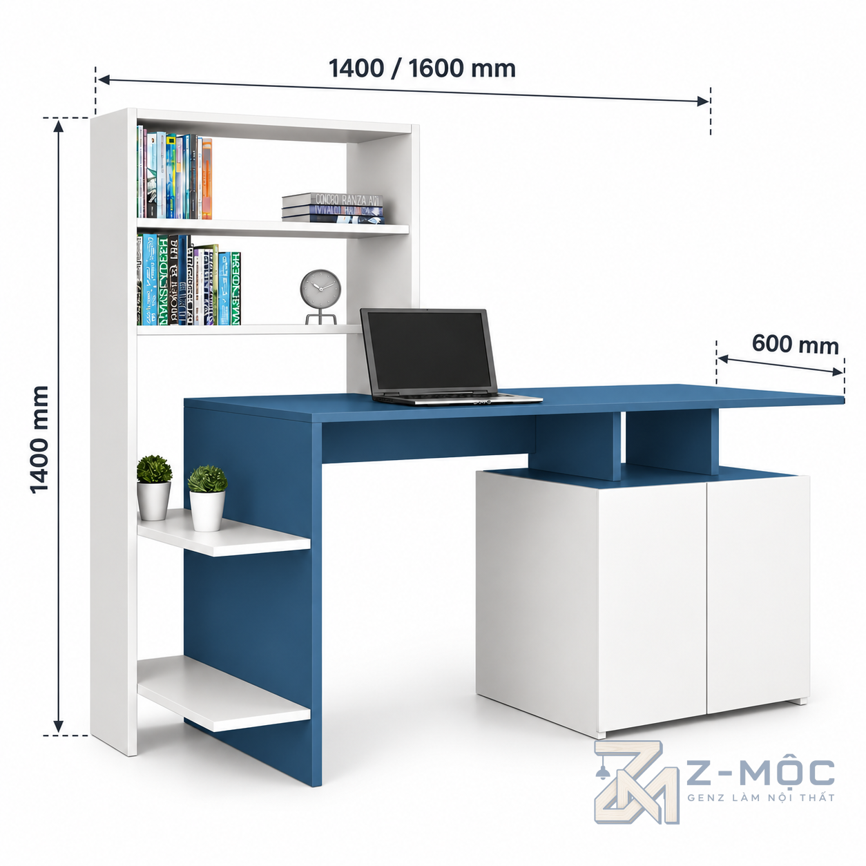 Kích thước chi tiết Bàn Học Liền Kệ Sách Kiểu Dáng Nhỏ Gọn Độc Đáo ZM-70081