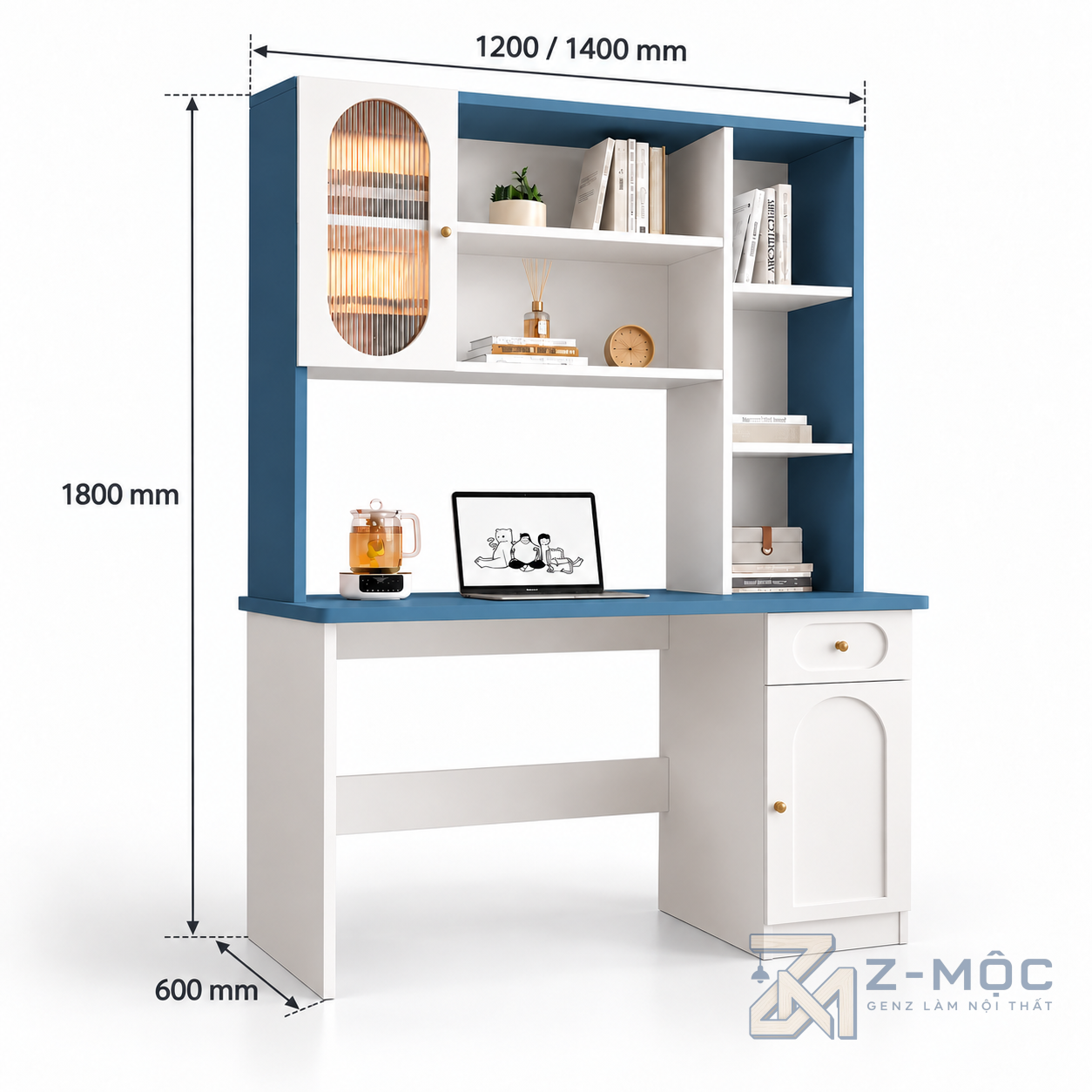 Kích thước chi tiết Bàn Học Liền Kệ Sách Màu Trắng Phối Xanh ZM-70071