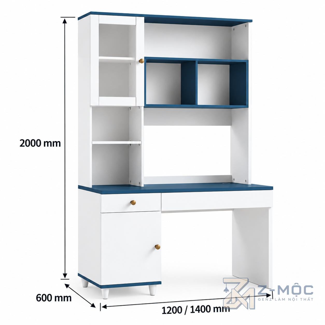 Kích thước chi tiết Bàn Học Liền Kệ Sách Màu Trắng Xanh Hiện Đại ZM-70083
