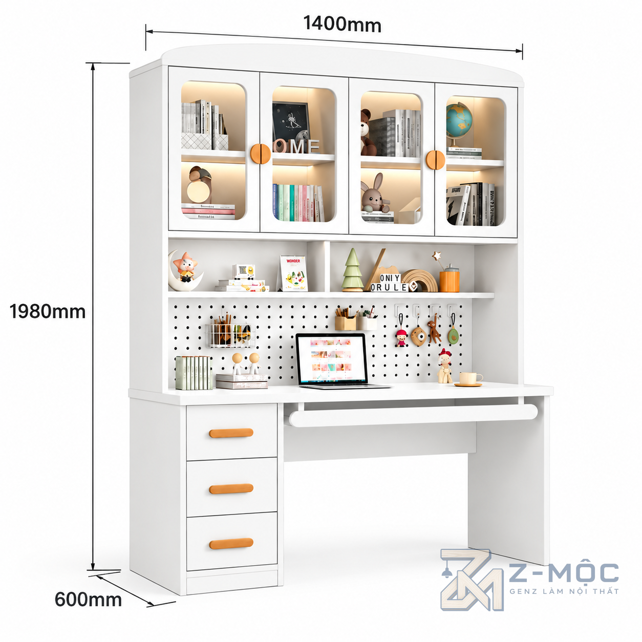 Kích thước chi tiết Bàn Học Liền Kệ Sách Tủ Kính Hiện Đại ZM-70069 2