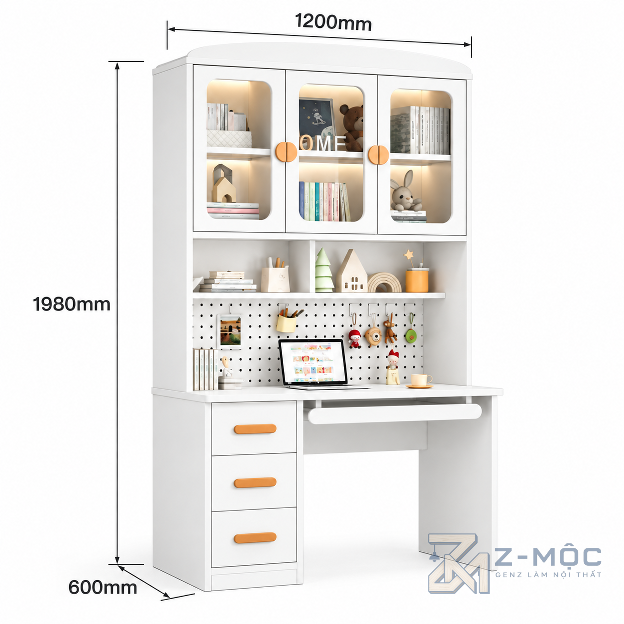 Kích thước chi tiết Bàn Học Liền Kệ Sách Tủ Kính Hiện Đại ZM-70069