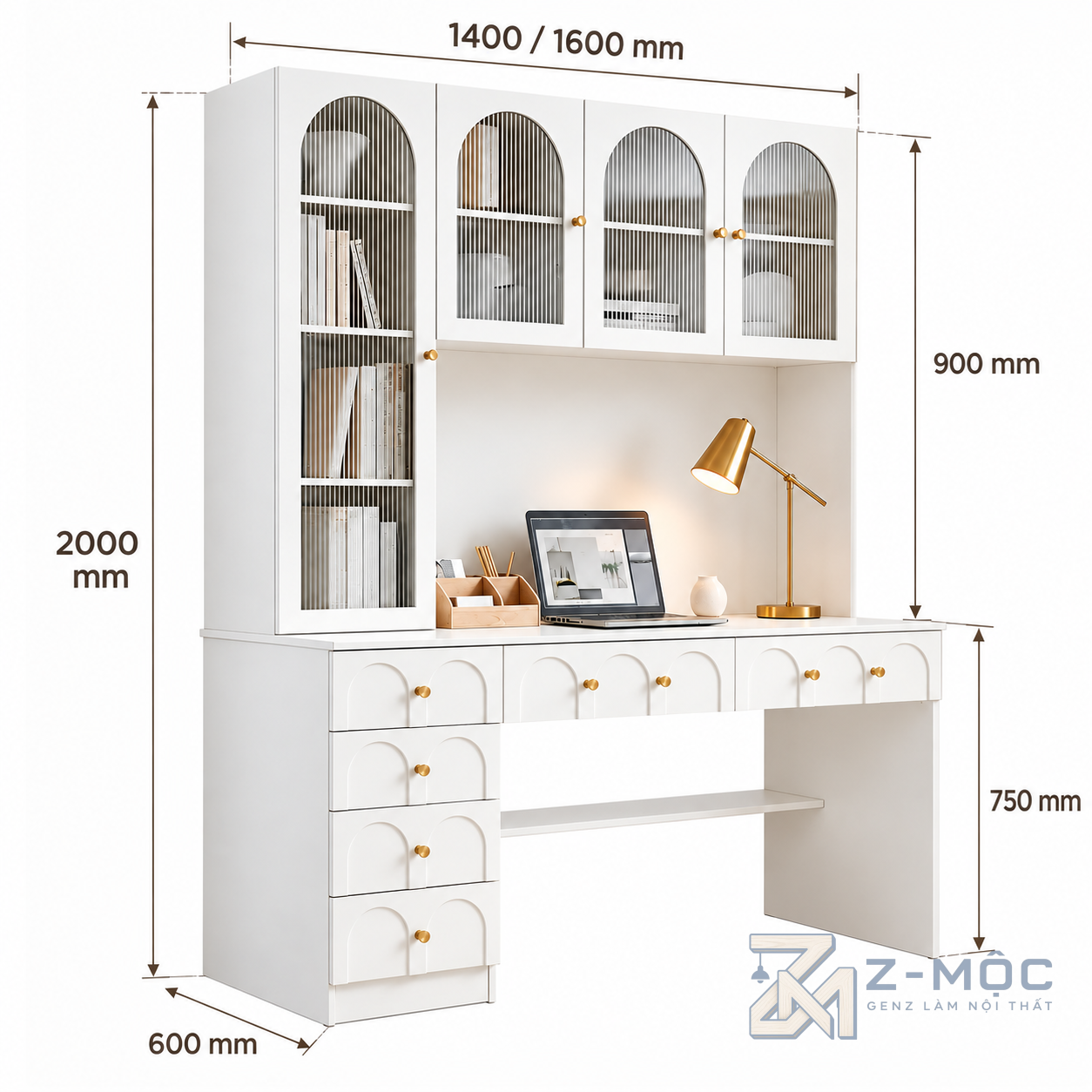 Kích thước chi tiết Bàn Học Liền Tủ Kính Vòm Màu Trắng ZM-70080