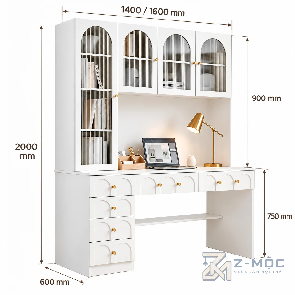 Kích thước chi tiết Bàn Học Liền Tủ Kính Vòm Màu Trắng ZM-70080