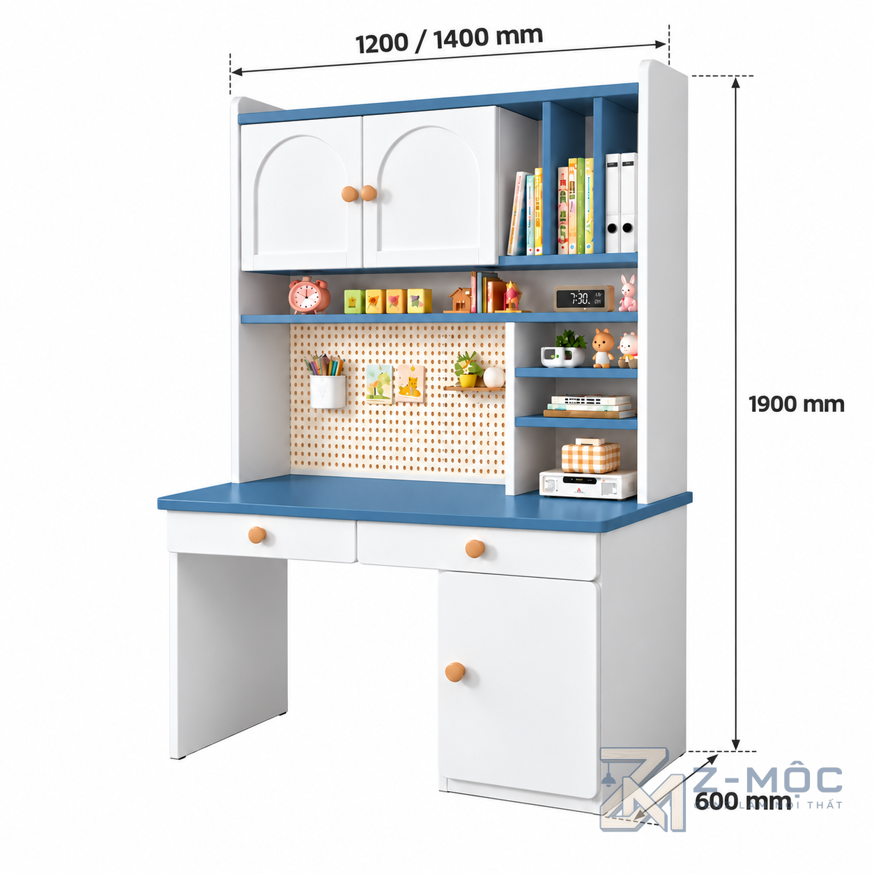 Kích thước chi tiết Bàn Học Trẻ Em Liền Tủ Kệ Trắng Xanh ZM-70078