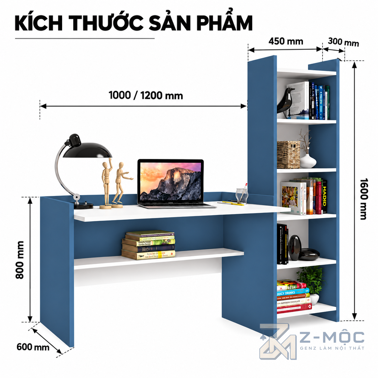 Kích thước chi tiết Bàn Học Và Làm Việc Kèm Giá Sách Đơn Giản ZM-70085