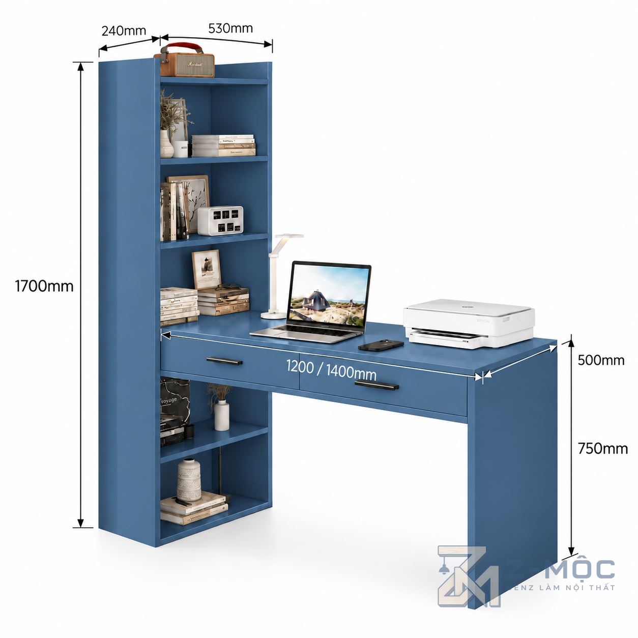 Kích thước chi tiết Bàn Học Và Làm Việc Kèm Kệ Sách Dáng Đứng Xanh ZM-70054