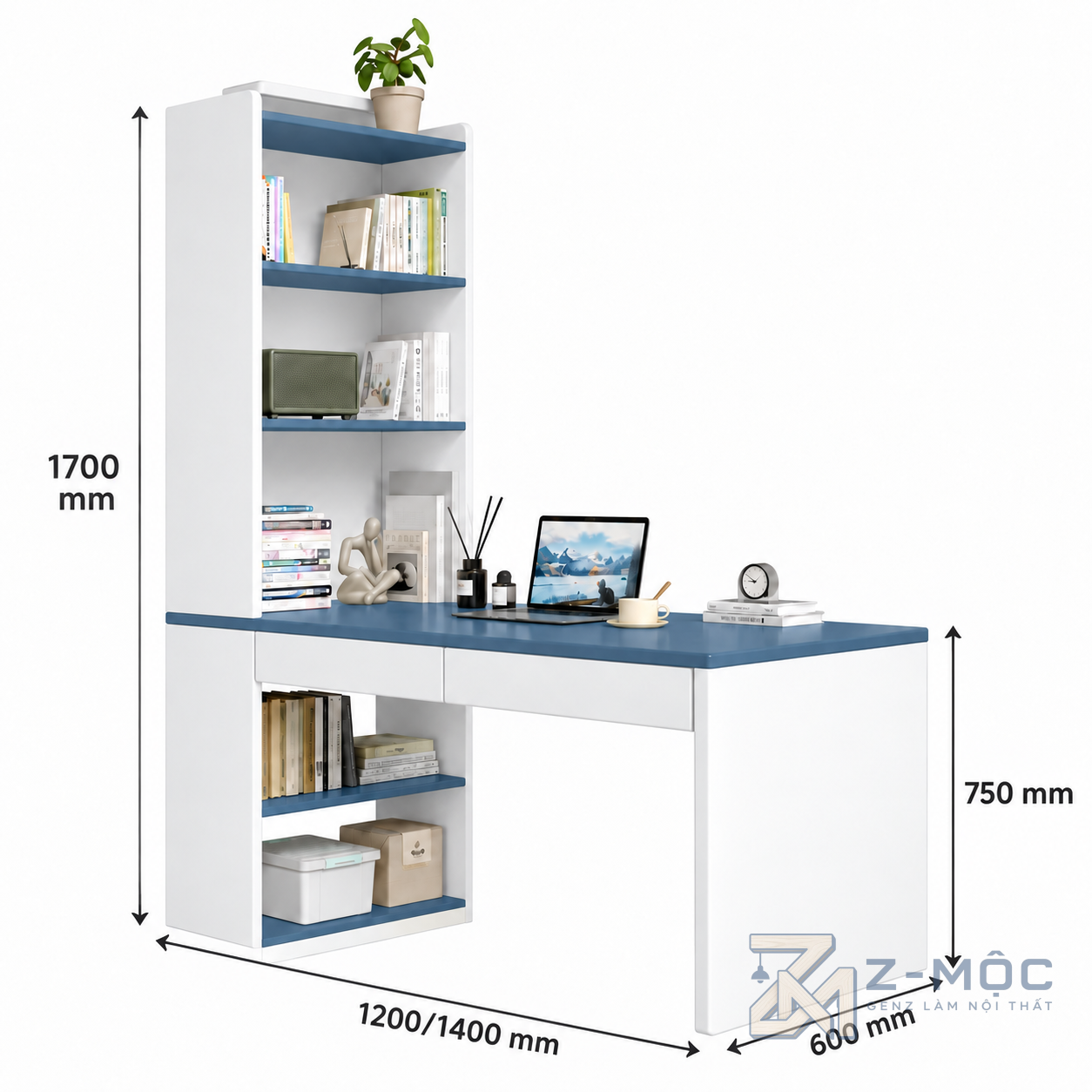 Bàn học và làm việc liền kệ sách cao màu trắng xanh tiện dụng