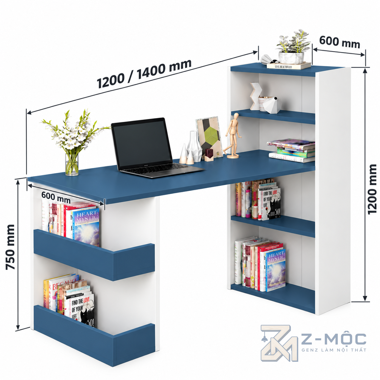 Kích thước chi tiết Bàn Học Và Làm Việc Liền Kệ Sách Hai Bên ZM-70077