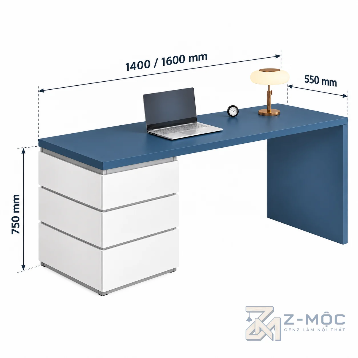 Kích thước chi tiết Bàn Làm Việc 3 Ngăn Kéo Phối Xanh Trắng Đơn Giản ZM-70075