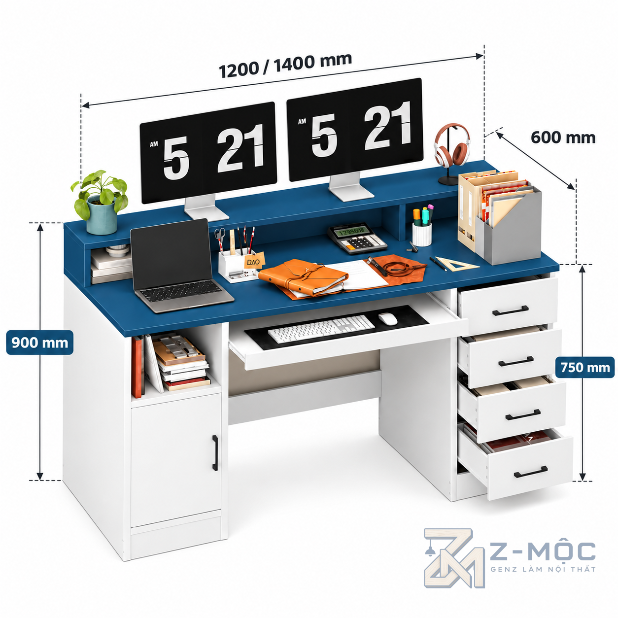 Kích thước chi tiết Bàn Làm Việc Có Kệ Để Màn Hình Nhiều Ngăn ZM-70079