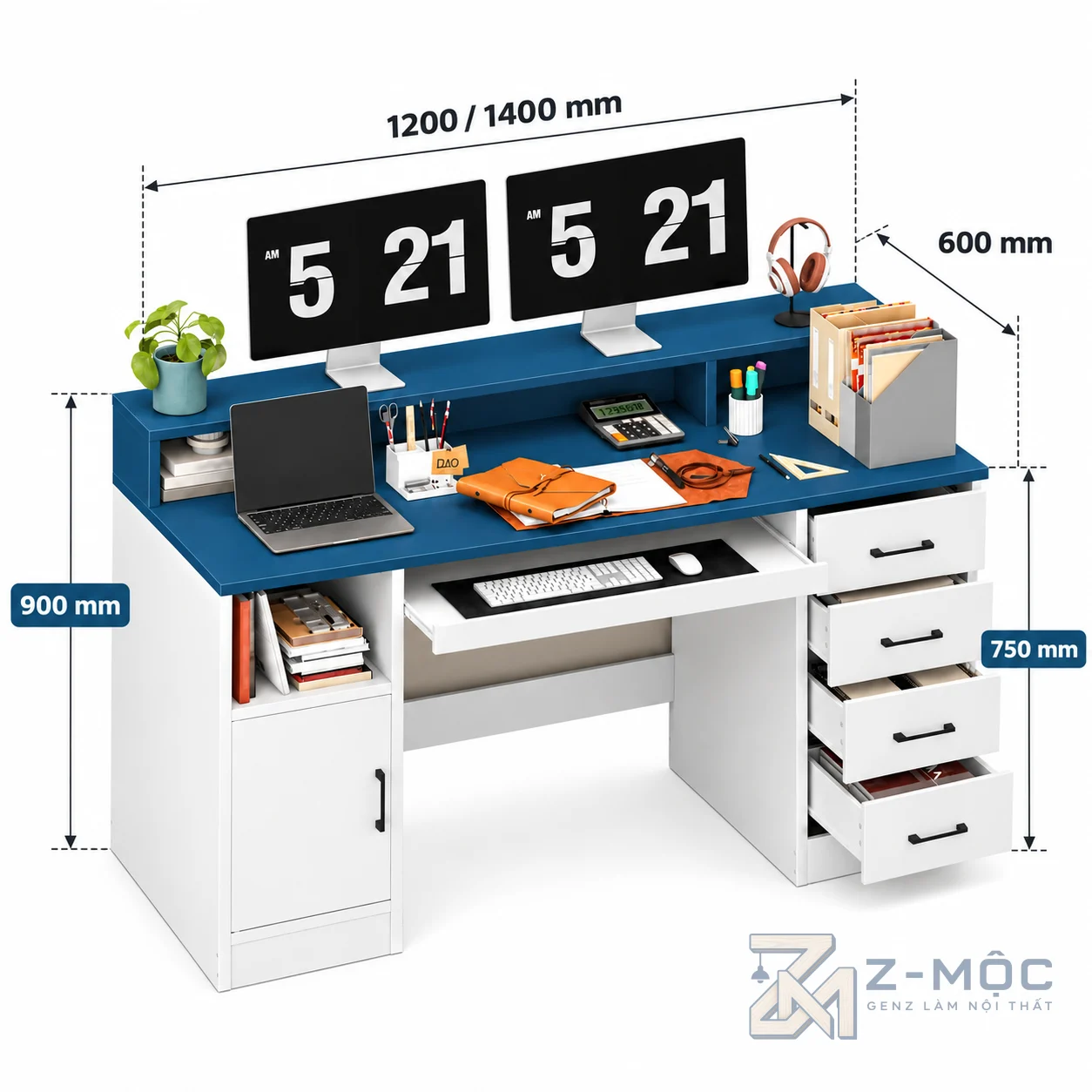 Kích thước chi tiết Bàn Làm Việc Có Kệ Để Màn Hình Nhiều Ngăn ZM-70079