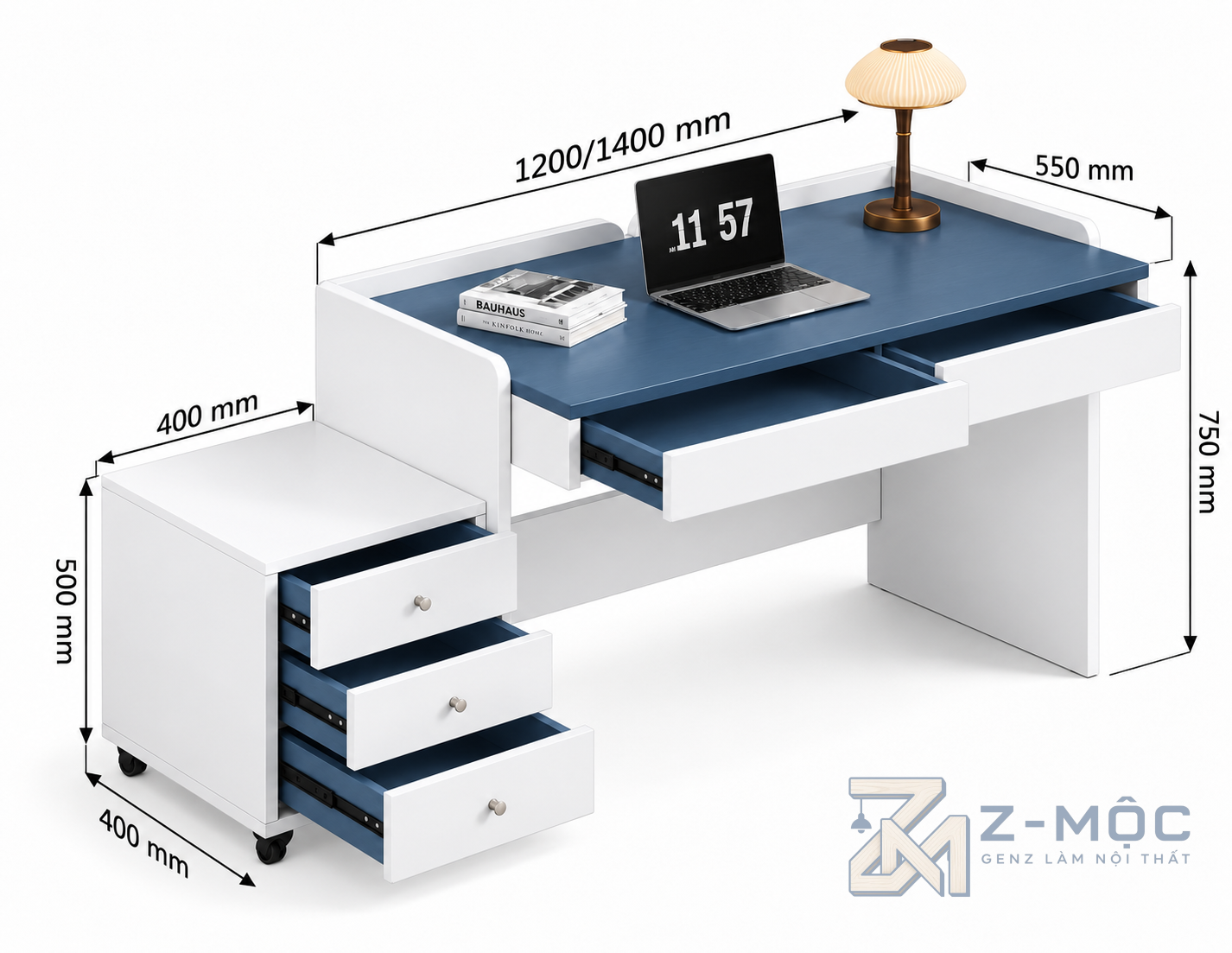 Kích thước chi tiết Bàn Làm Việc Kèm Kệ Di Động Màu Trắng Xanh ZM-70056