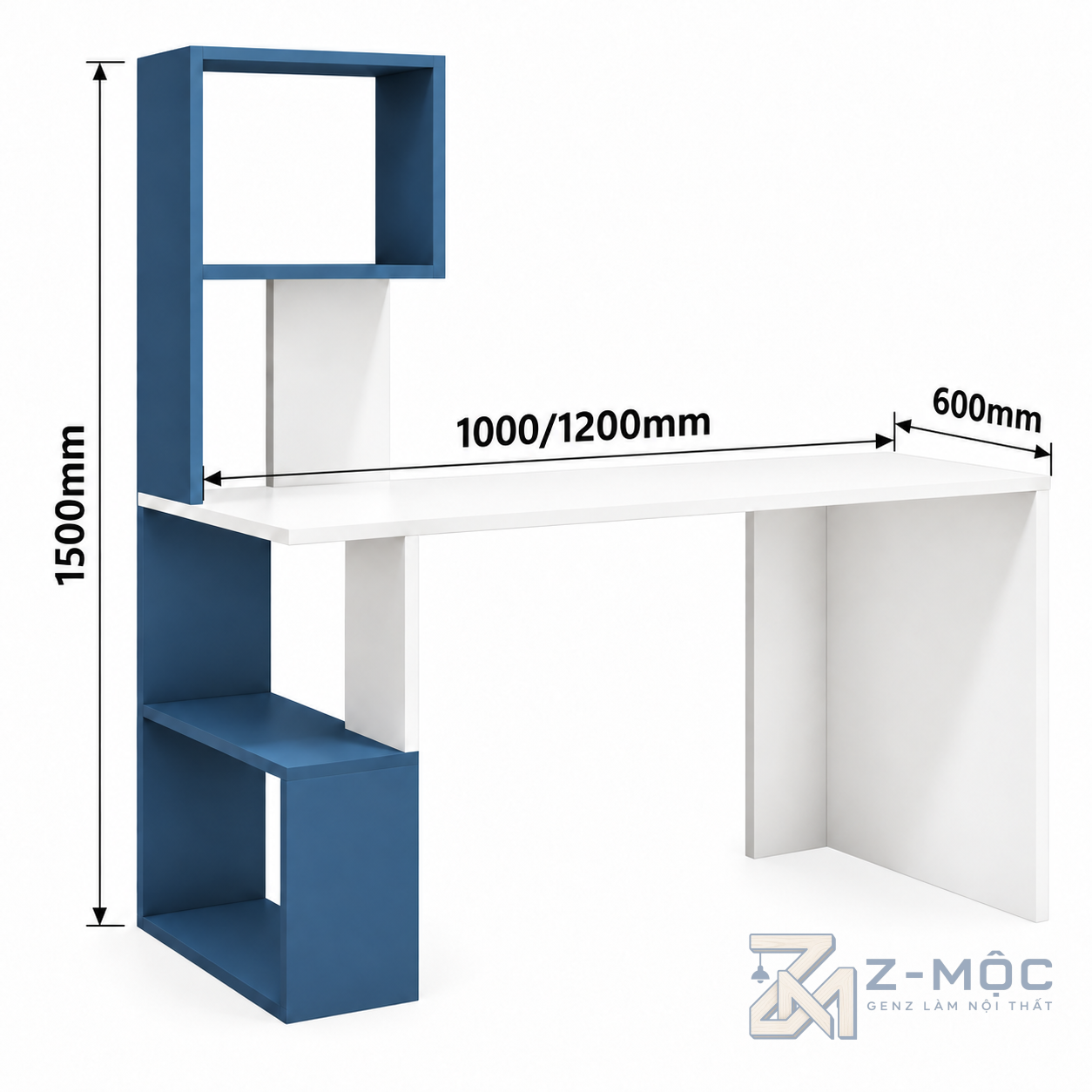 Kích thước chi tiết Bàn Làm Việc Kèm Kệ Sách Thiết Kế Đơn Giản ZM-70084