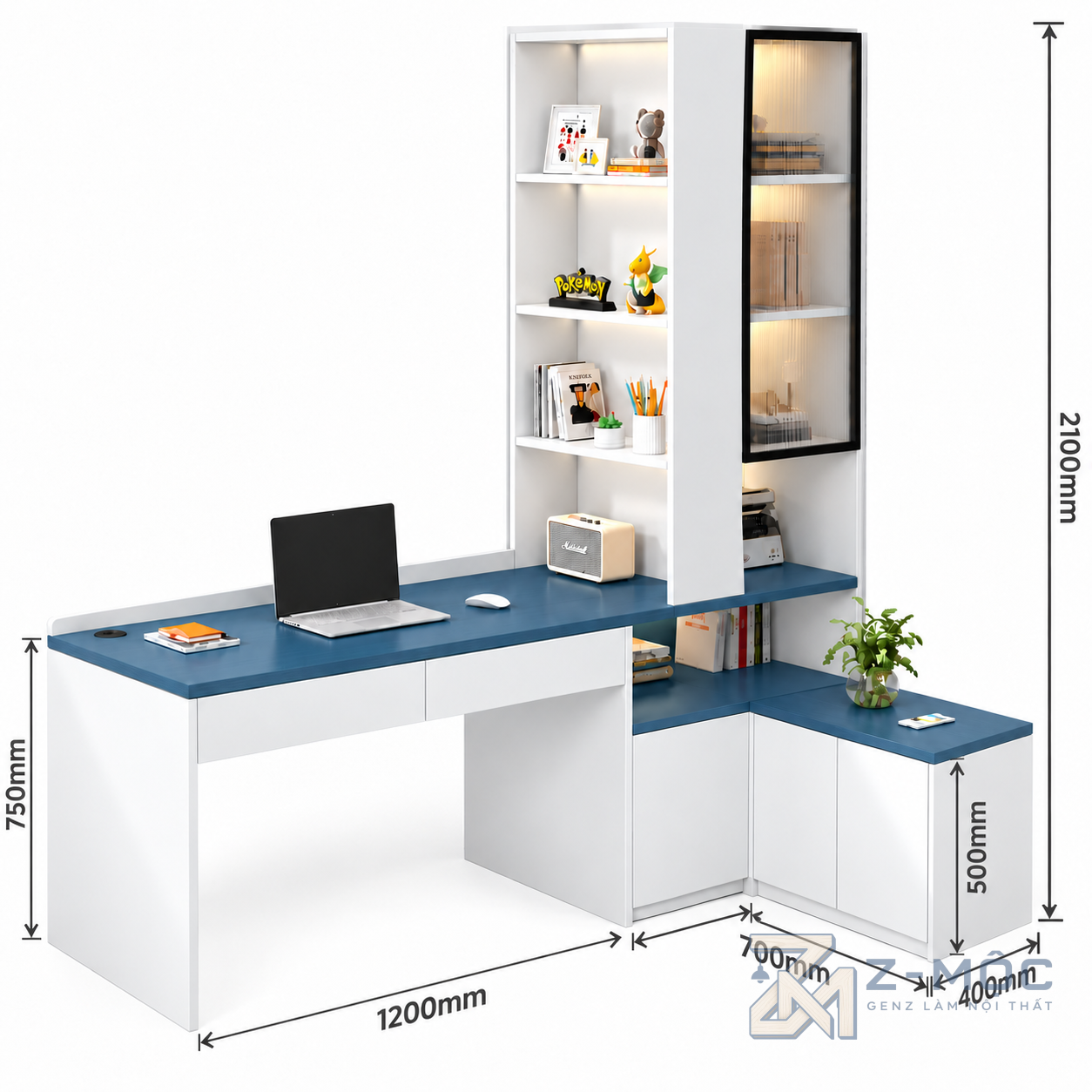 Kích thước chi tiết Bàn Làm Việc Liền Tủ Kệ Thiết Kế Độc Đáo Hiện Đại ZM-70074 2