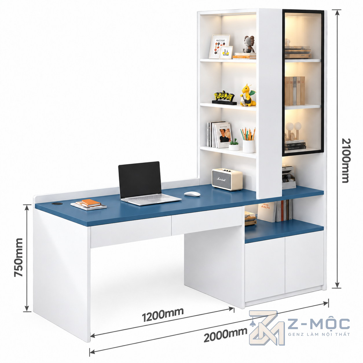 Kích thước chi tiết Bàn Làm Việc Liền Tủ Kệ Thiết Kế Độc Đáo Hiện Đại ZM-70074