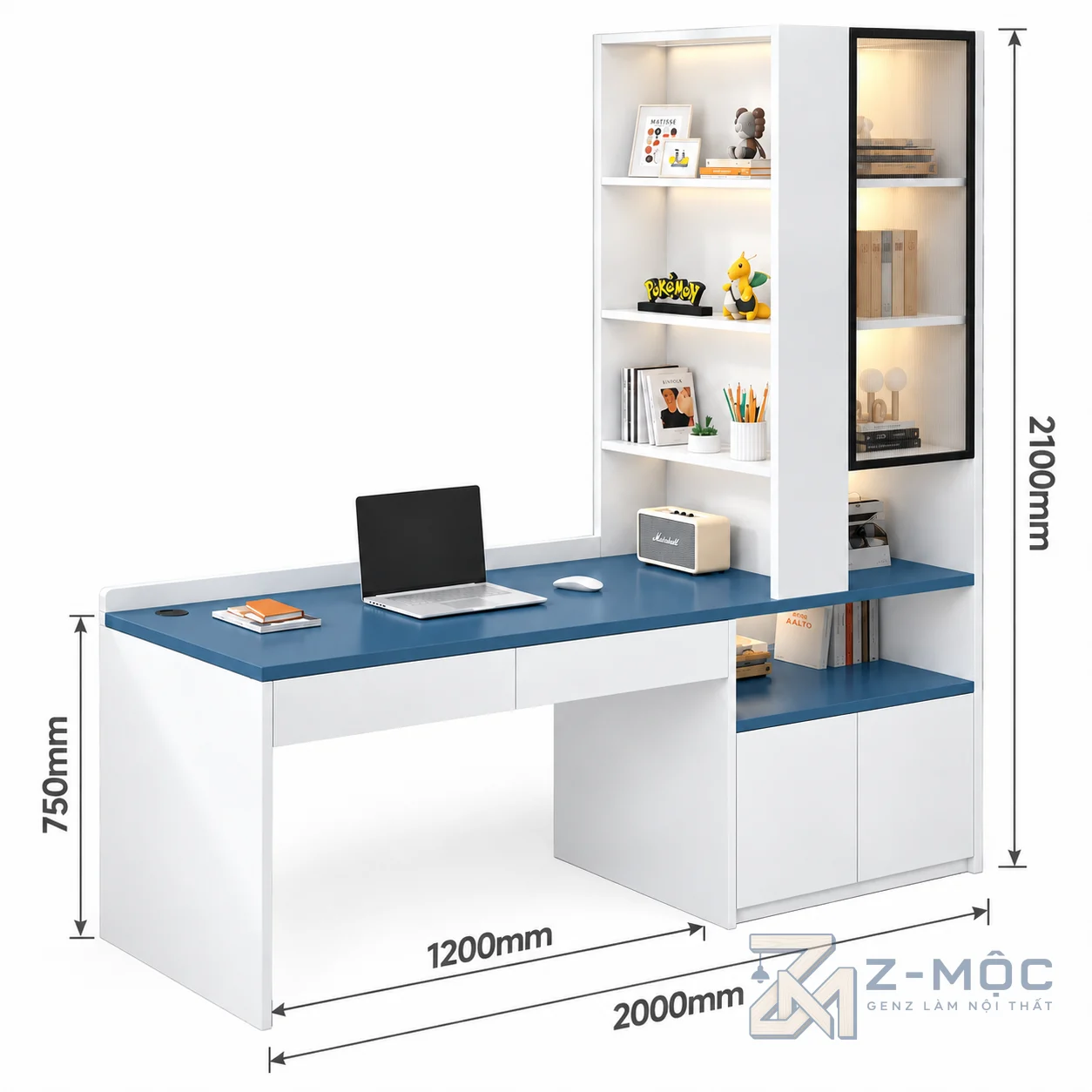 Kích thước chi tiết Bàn Làm Việc Liền Tủ Kệ Thiết Kế Độc Đáo Hiện Đại ZM-70074