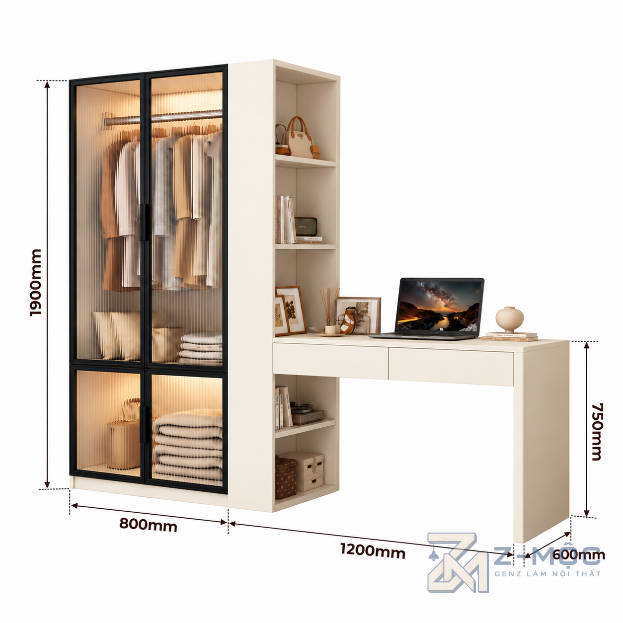 Kích thước chi tiết Bàn Làm Việc Liên Tủ Quần Áo Cánh Kính Sọc ZM-70068 2