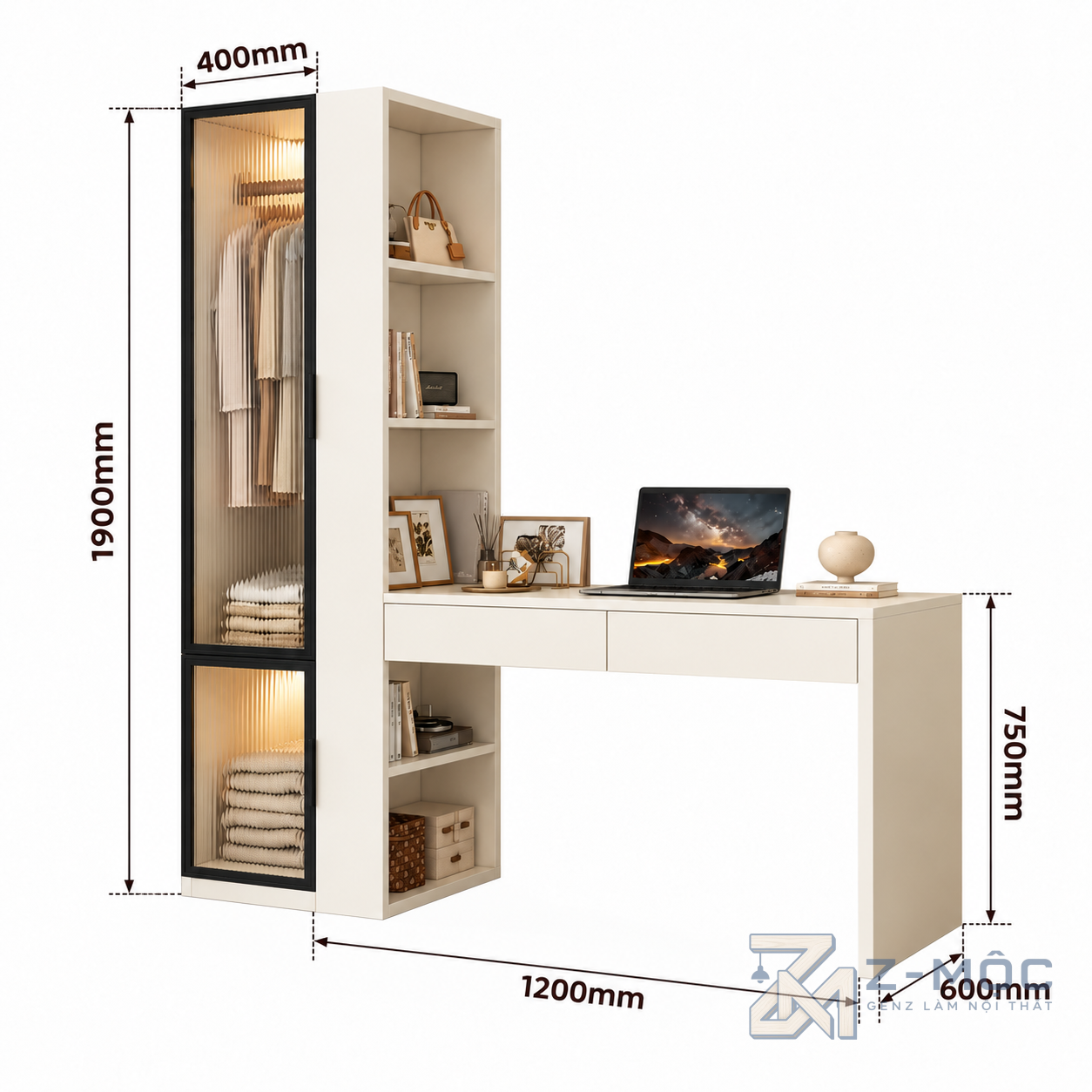 Kích thước chi tiết Bàn Làm Việc Liên Tủ Quần Áo Cánh Kính Sọc ZM-70068 3