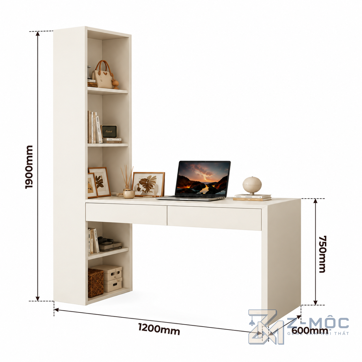 Kích thước chi tiết Bàn Làm Việc Liên Tủ Quần Áo Cánh Kính Sọc ZM-70068