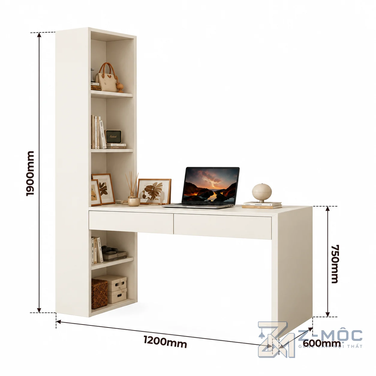 Kích thước chi tiết Bàn Làm Việc Liên Tủ Quần Áo Cánh Kính Sọc ZM-70068