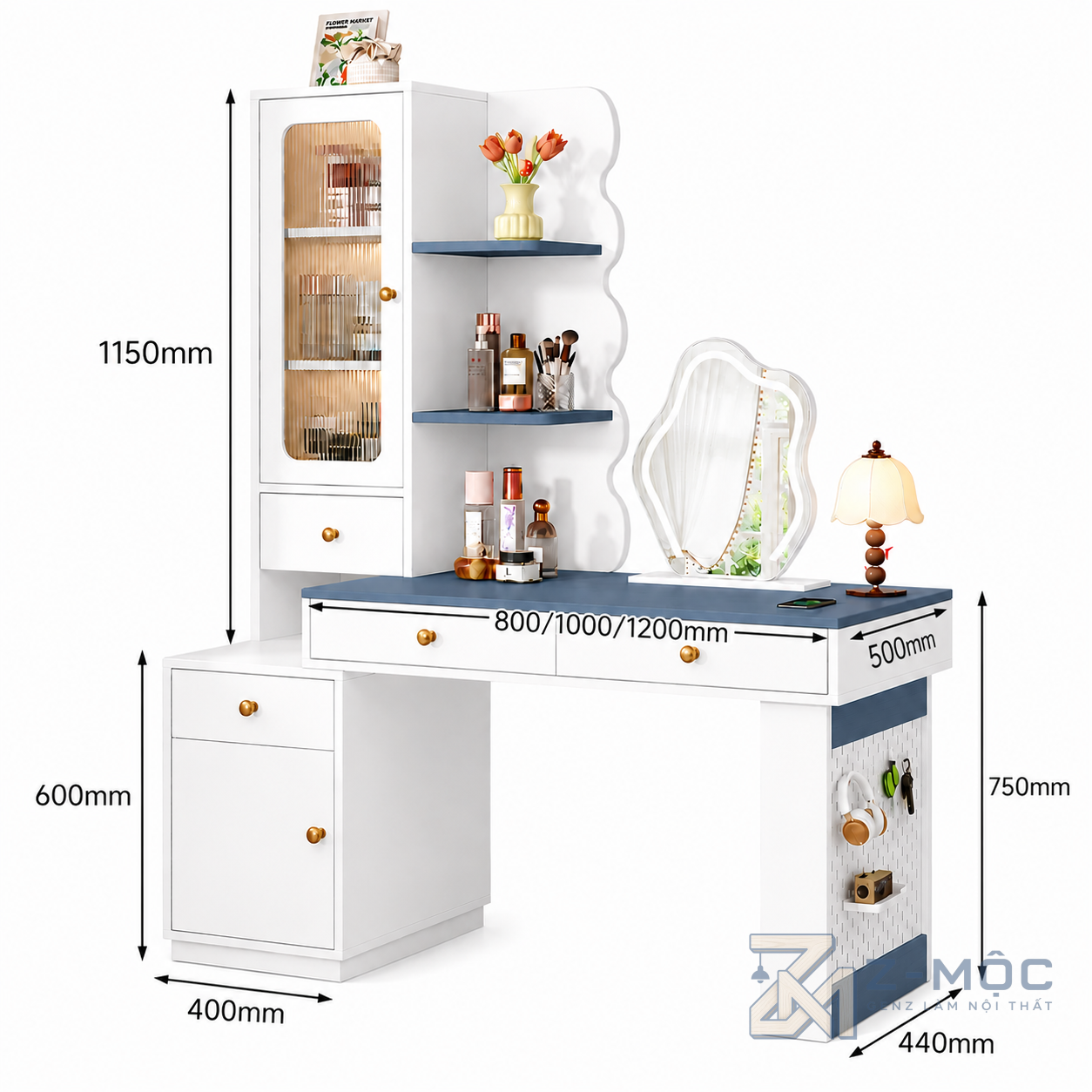 Kích thước chi tiết Bàn Trang Điểm Liền Kệ Góc Độc Đáo ZM-12007