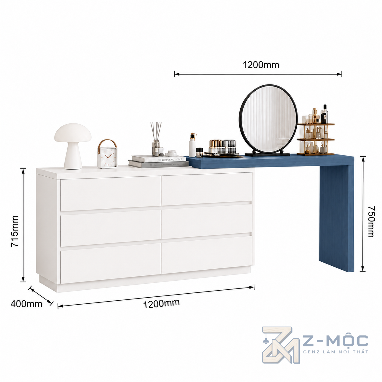 Kích thước chi tiết Bàn Trang Điểm Liền Tủ Ngăn Kéo 6 Ngăn ZM-12008