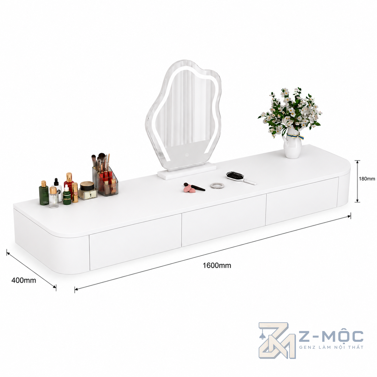 Kích thước chi tiết Bàn Trang Điểm Trắng Treo Tường Gọn Gàng ZM-12010 2