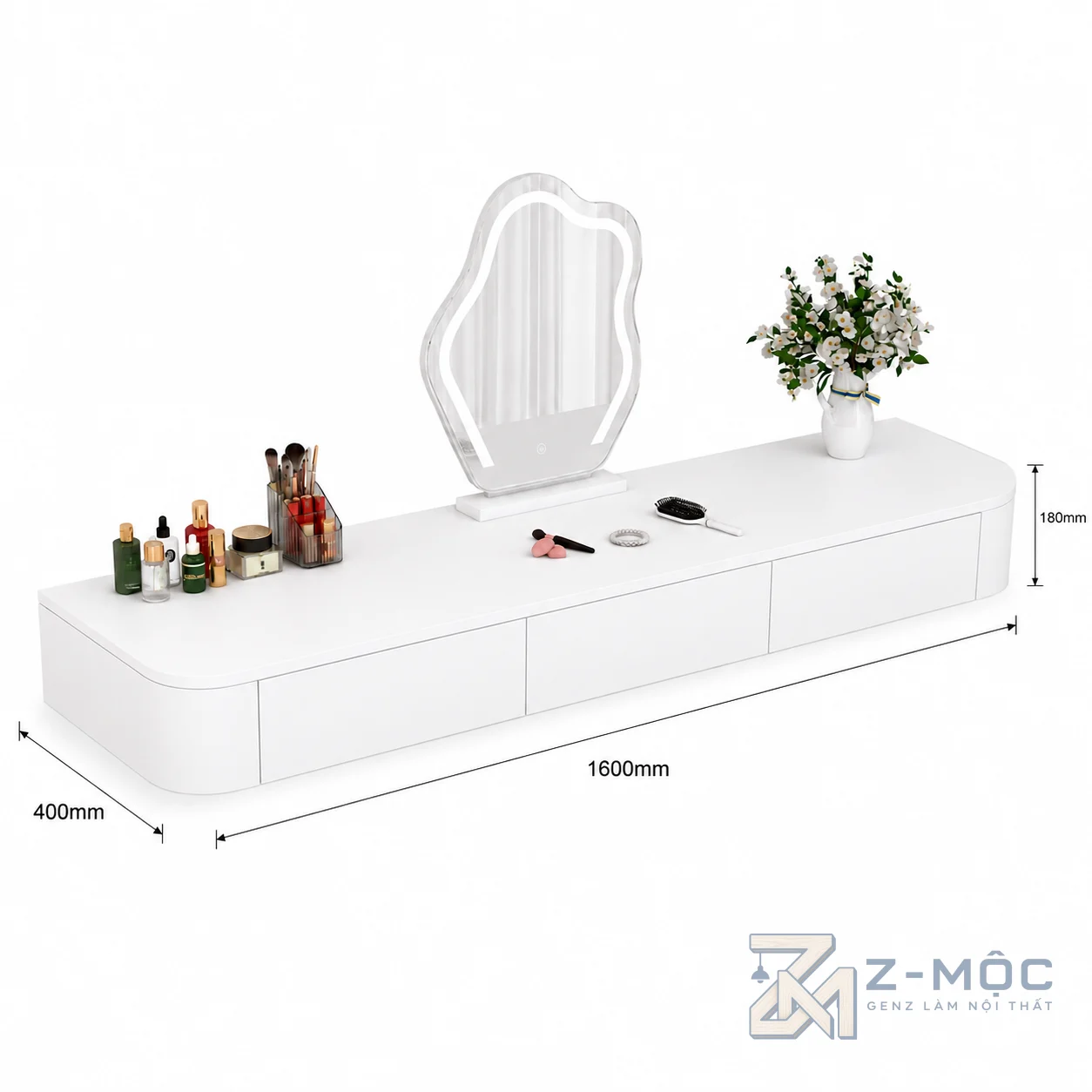 Kích thước chi tiết Bàn Trang Điểm Trắng Treo Tường Gọn Gàng ZM-12010 2