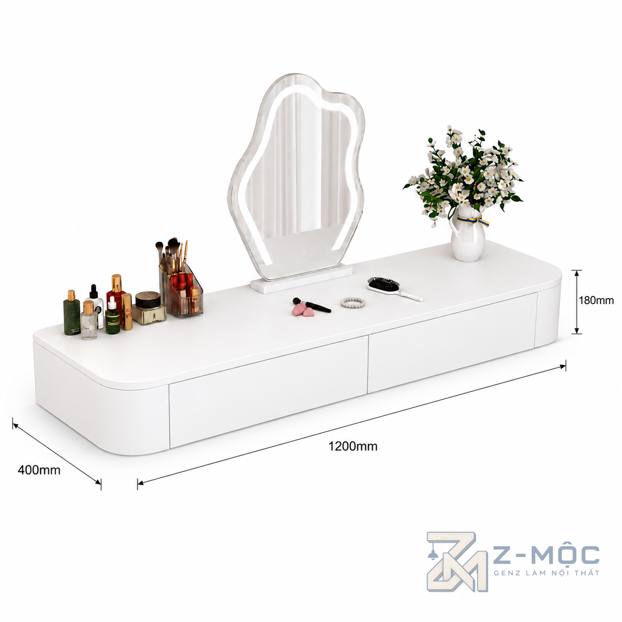 Kích thước chi tiết Bàn Trang Điểm Trắng Treo Tường Gọn Gàng ZM-12010