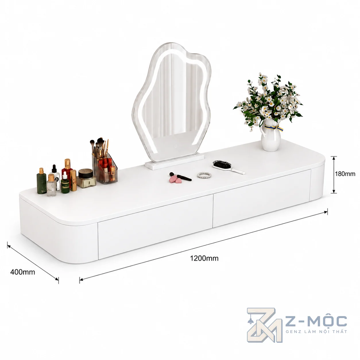 Kích thước chi tiết Bàn Trang Điểm Trắng Treo Tường Gọn Gàng ZM-12010