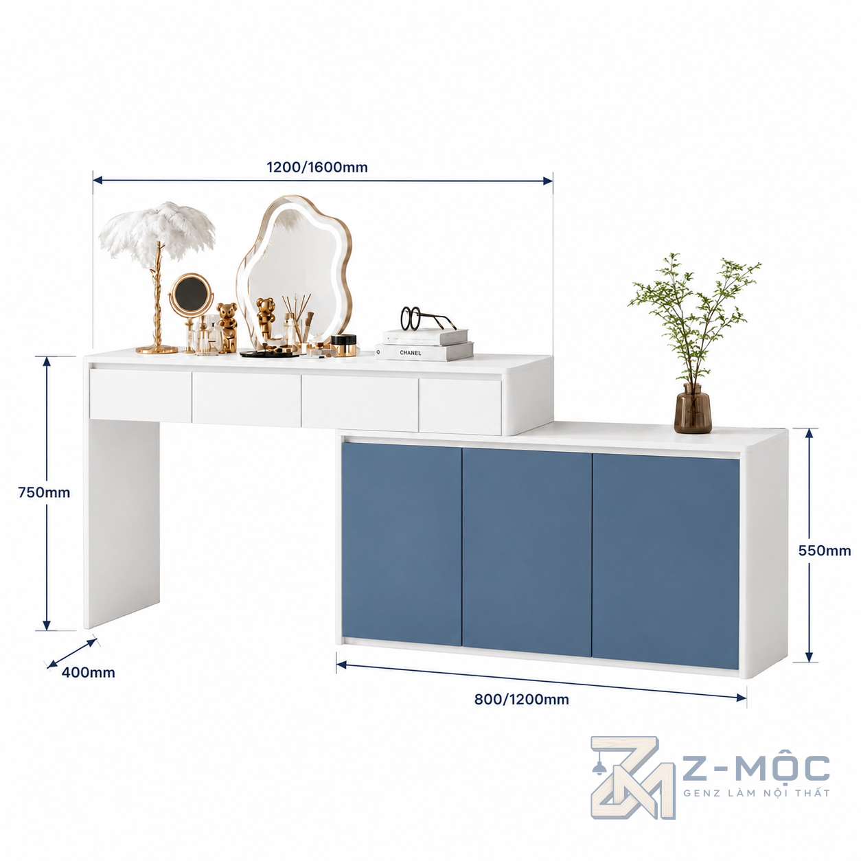 Kích thước chi tiết Bàn Trang Điểm Xanh Trắng Có Tủ Lưu Trữ ZM-12006