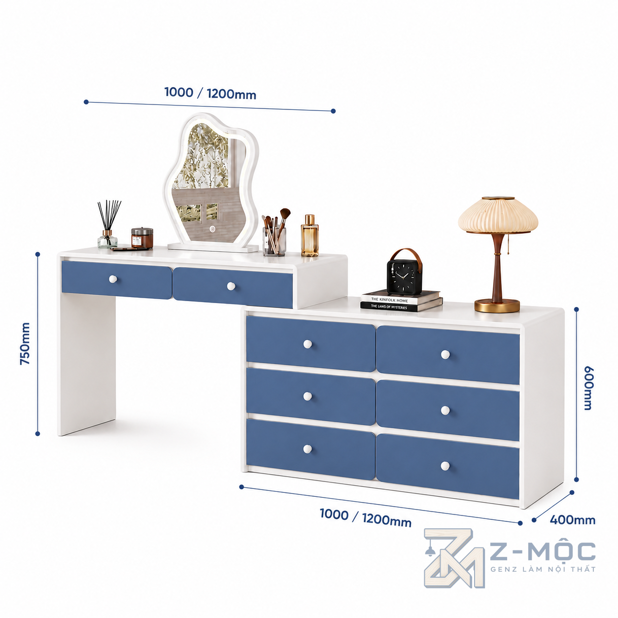 Kích thước chi tiết Bàn Trang Điểm Xanh Trắng Hiện Đại Độc Đáo ZM-12009