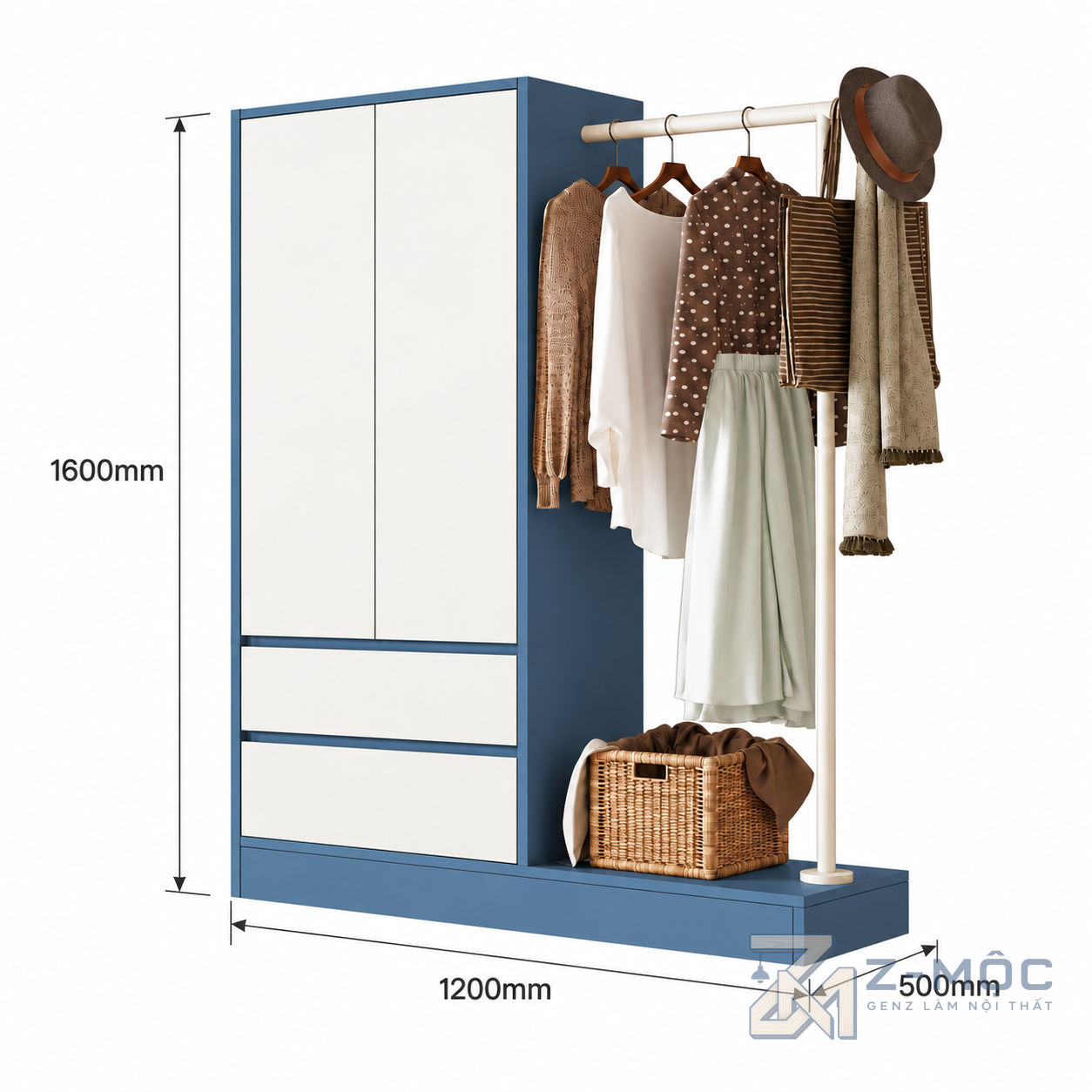 Kích thước chi tiết Giá Treo Quần Áo Liền Tủ Để Đồ Xanh Phối Trắng ZM-10051 2
