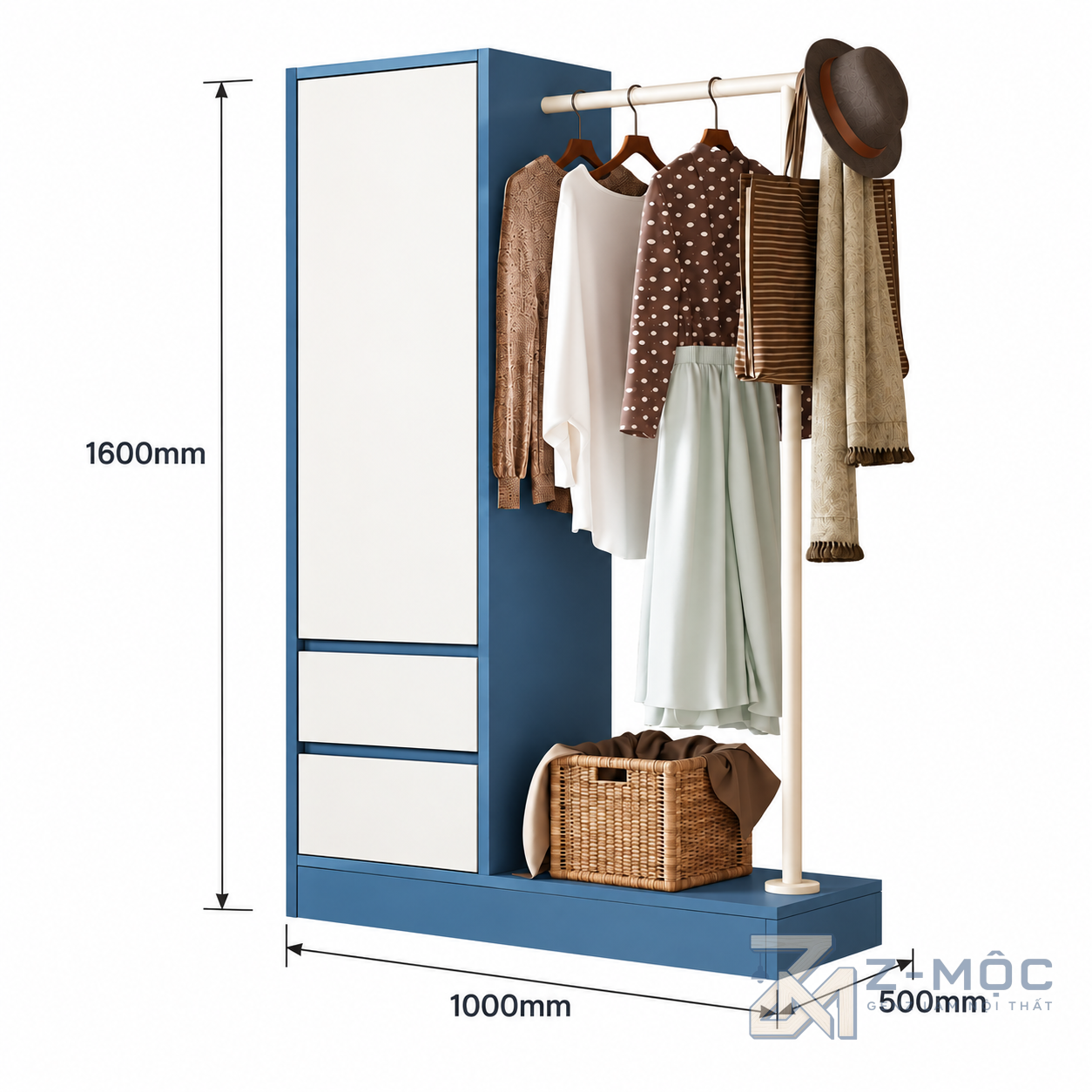 Kích thước chi tiết Giá Treo Quần Áo Liền Tủ Để Đồ Xanh Phối Trắng ZM-10051