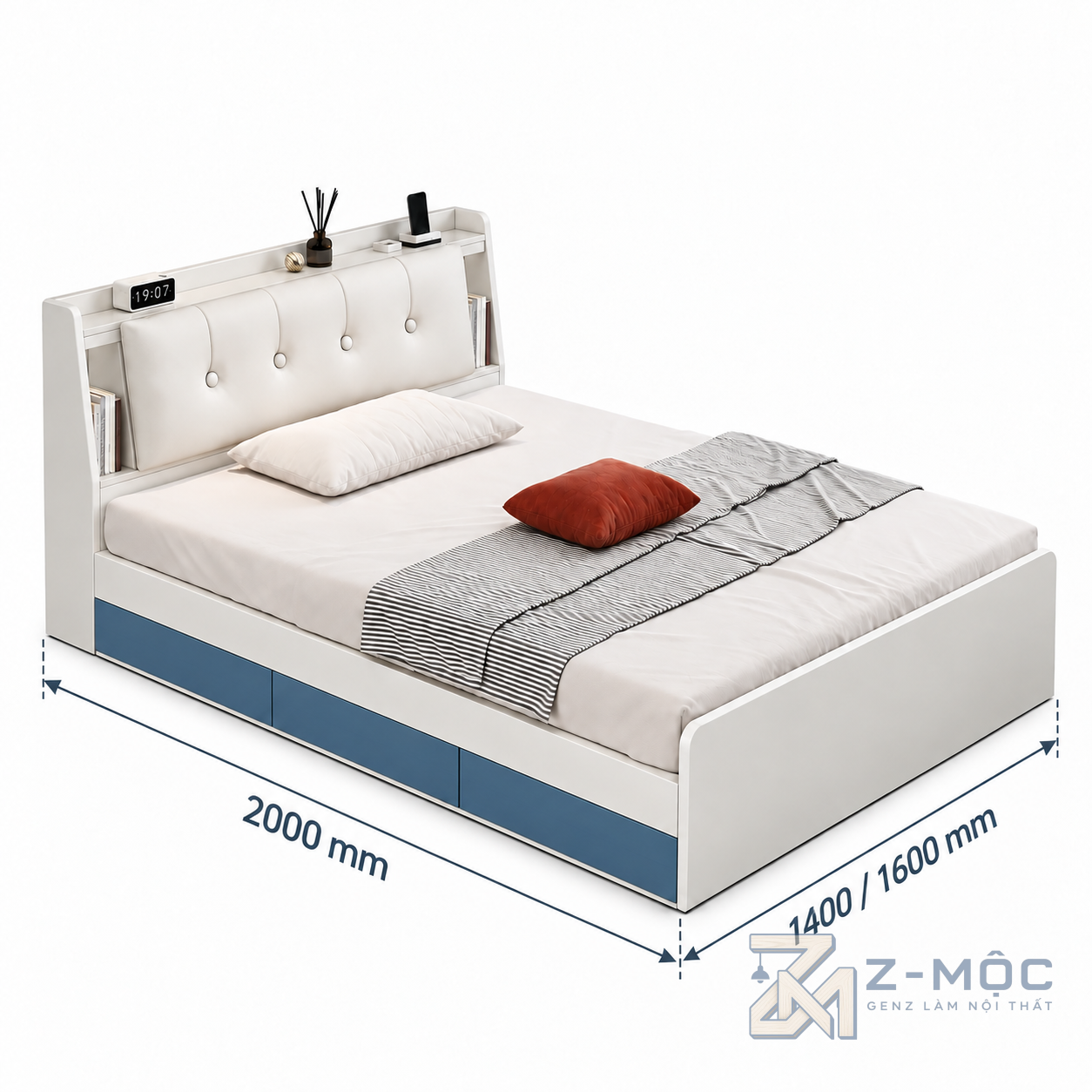 Kích thước chi tiết Giường Ngủ Có Kệ Đầu Giường Bọc Nệm Hiện Đại ZM-11046