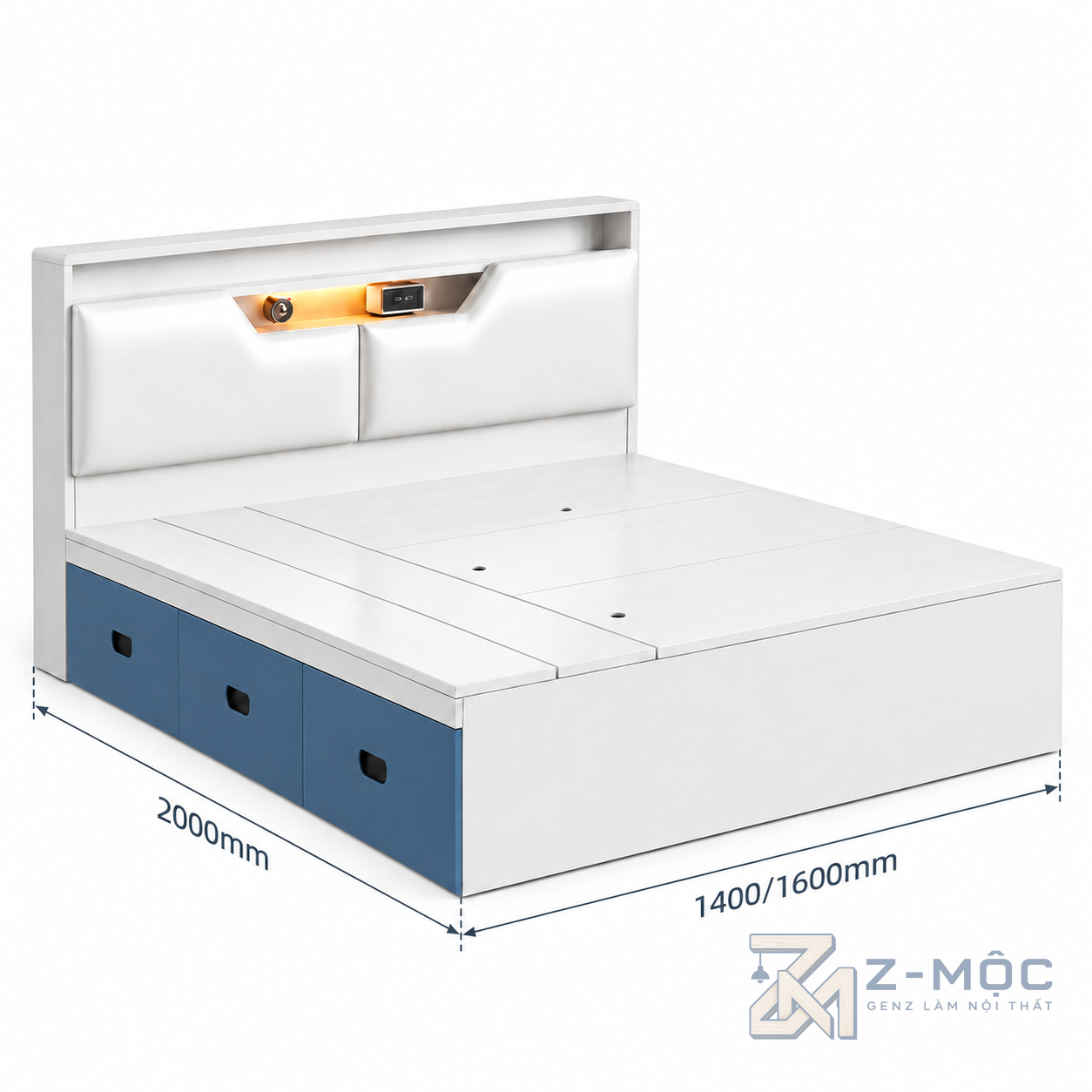 Kích thước chi tiết Giường Ngủ Có Kệ Đầu Giường Thiết Kế Hiện Đại ZM-11042