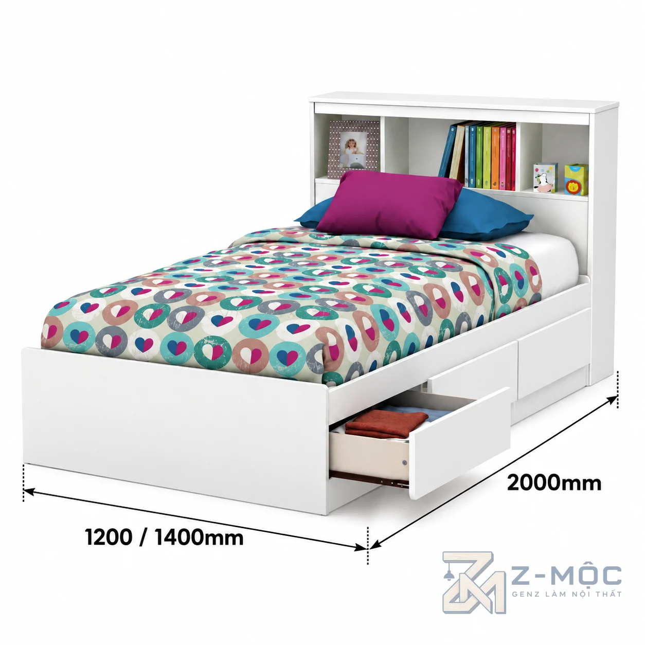 Kích thước chi tiết Giường Ngủ Có Kệ Sách Đầu Giường Và Ngăn Kéo ZM-10051
