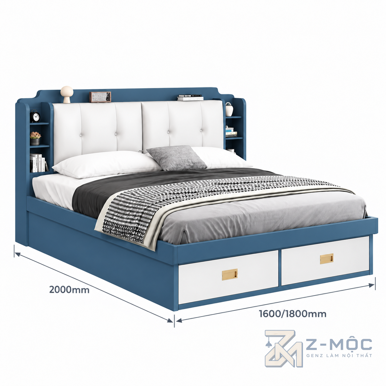 Kích thước chi tiết Giường Ngủ Có Kệ Và Nệm Đầu Giường ZM-11045