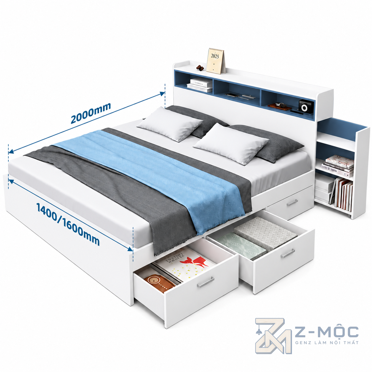Kích thước chi tiết Giường Ngủ Có Tủ Kệ Đầu Giường Tiện Ích ZM-11050