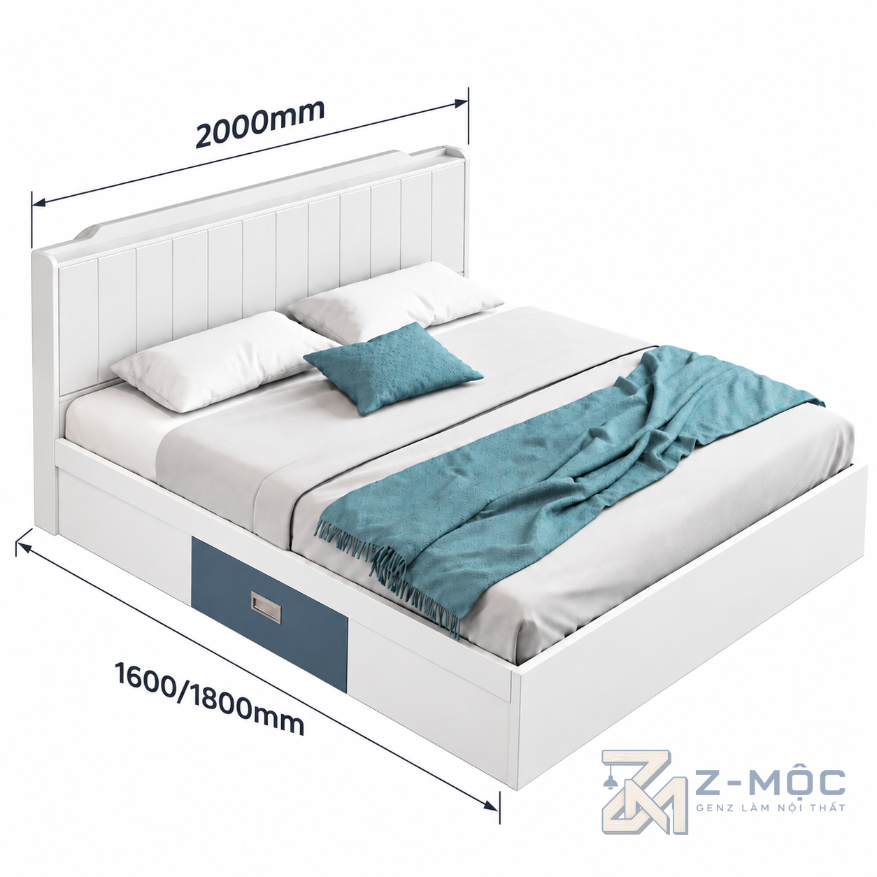 Kích thước chi tiết Giường Ngủ Gỗ Công Nghiệp Có Nệm Đầu Giường ZM-11044