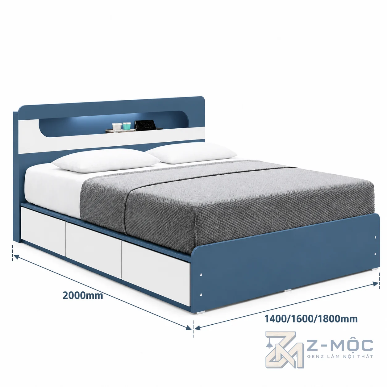 Kích thước chi tiết Giường Ngủ Gỗ Công Nghiệp Có Ngăn Kéo Hiện Đại ZM-11039