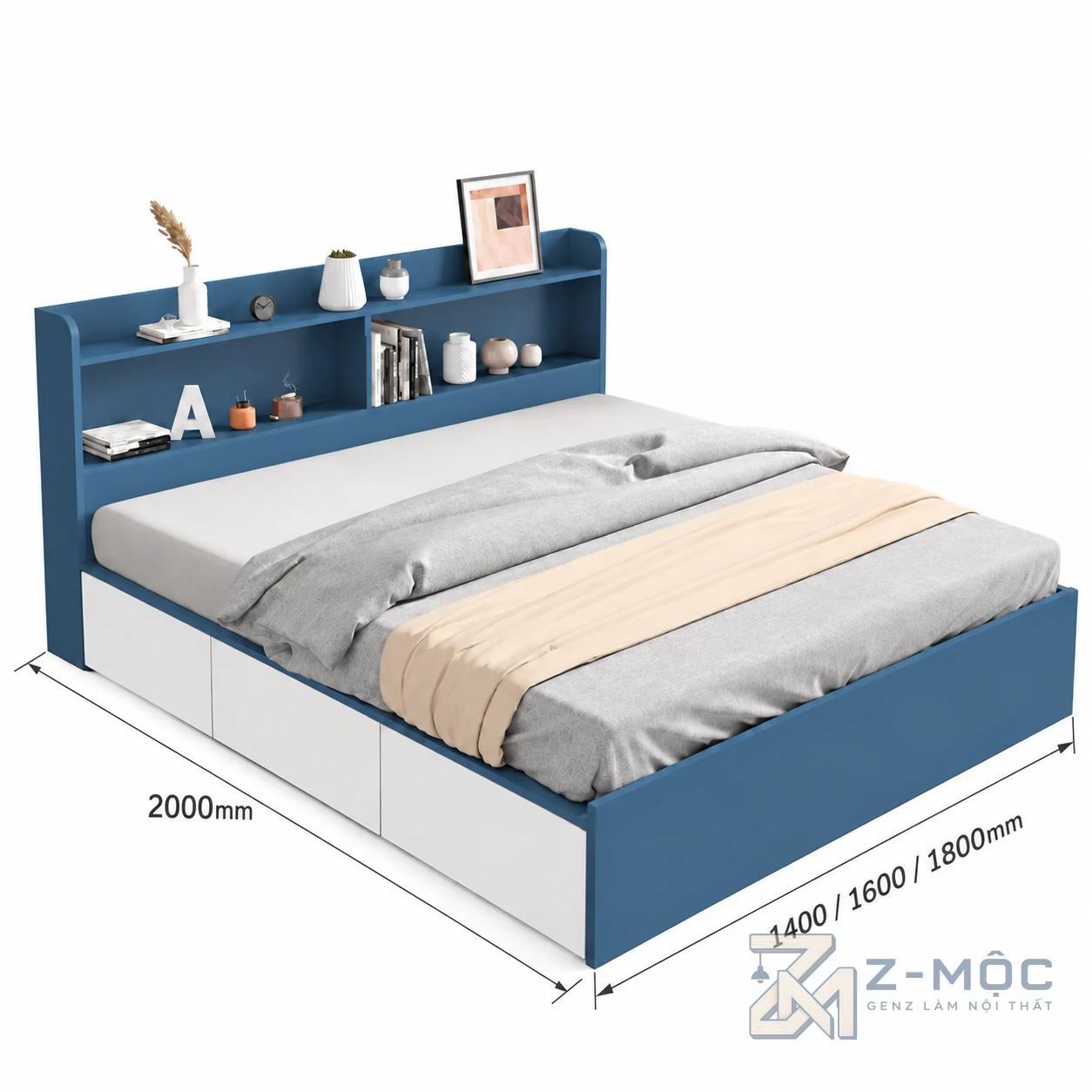 Kích thước chi tiết Giường Ngủ Liền Kệ Để Đồ Đầu Giường Hiện Đại ZM-11048