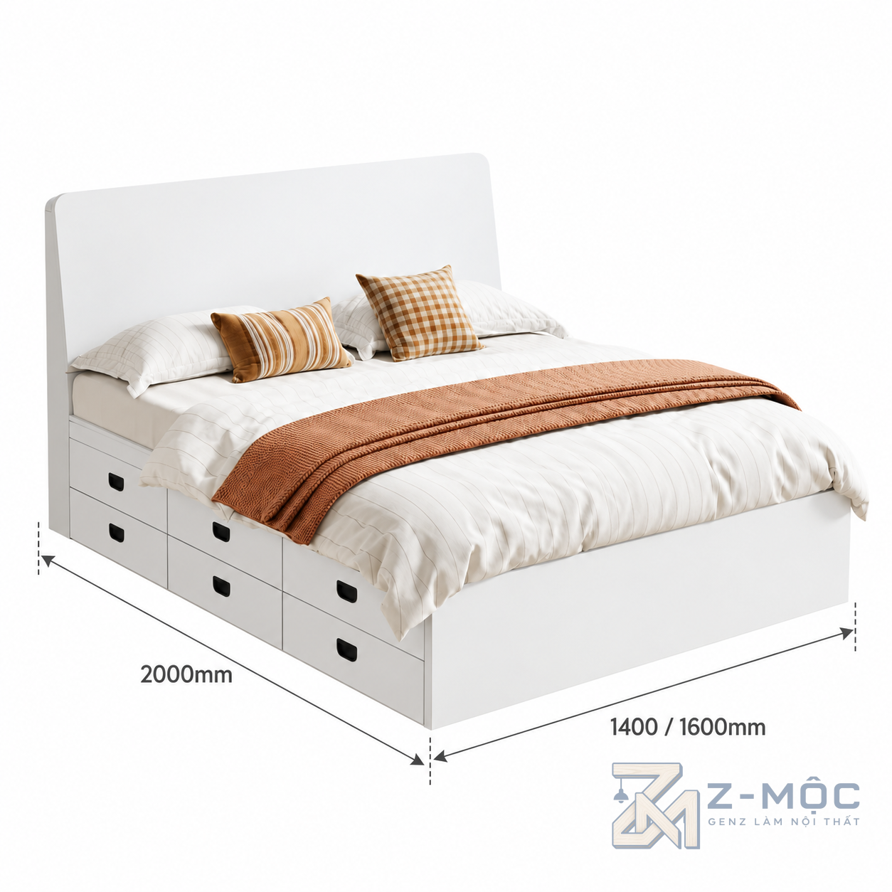 Kích thước chi tiết Giường Ngủ Trắng Nhiều Ngăn Kéo Tiện Ích ZM-11043