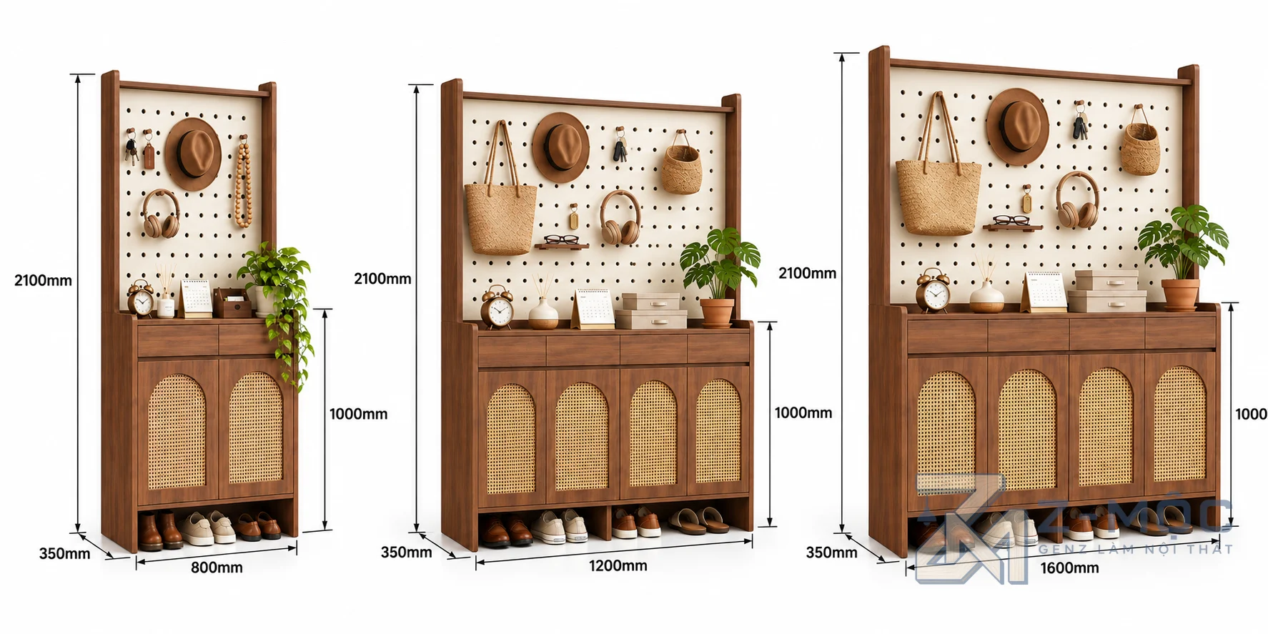 Kích thước chi tiết Tủ Giày Cánh Nan Mây Kết Hợp Bảng Treo Đồ ZM-95007
