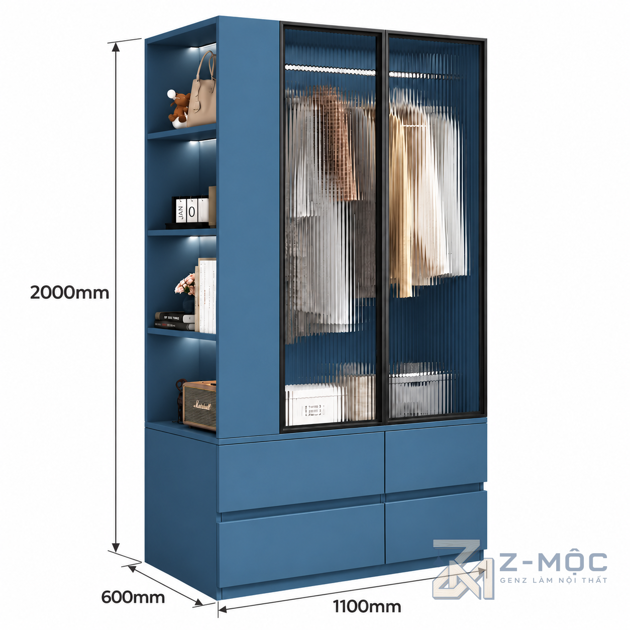 Kích thước chi tiết Tủ Quần Áo Cánh Kính Nhỏ Gọn Có Kệ Mở ZM-10050 2